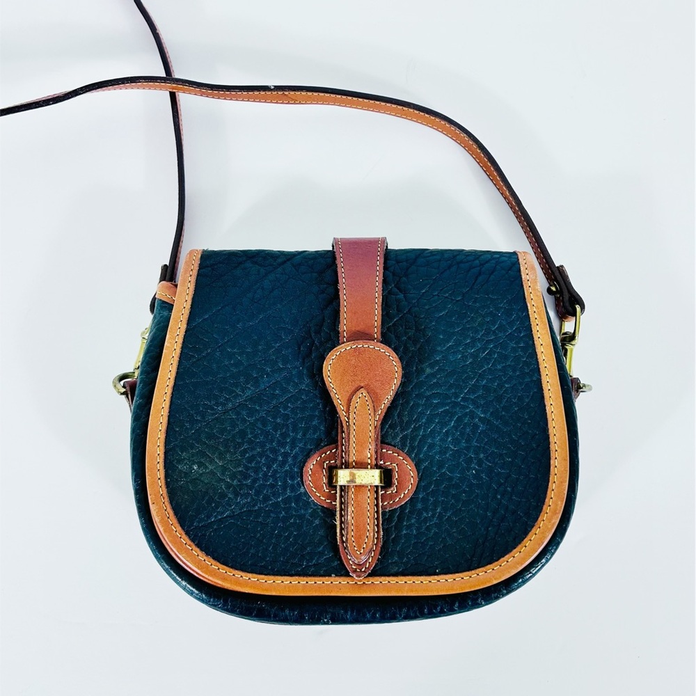 Vintage Dooney and Bourke Navy Blue and Brown All Weather Leather Crossbody Bag